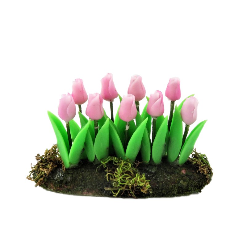 Dolls House Pink Tulips Flowers in Ground Soil Grass Miniature Garden Accessory