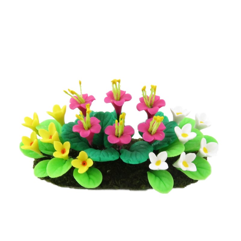 Dolls House Pink White Yellow Mixed Flowers in Ground Miniature Garden Accessory