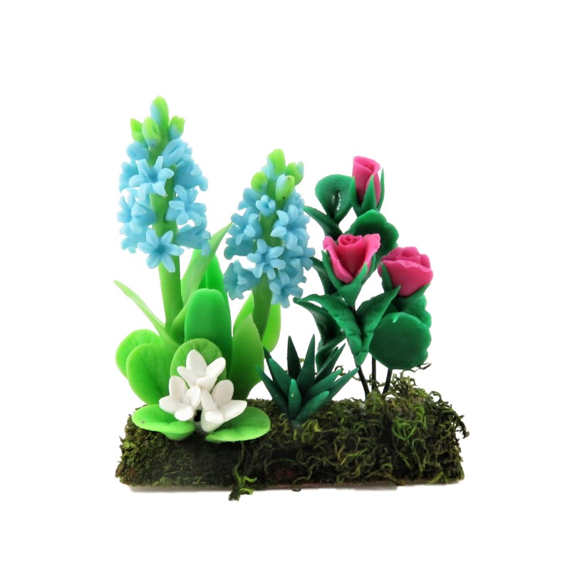 Dolls House Blue Hyacinths & Roses Flowers in Ground Soil Grass Garden Accessory