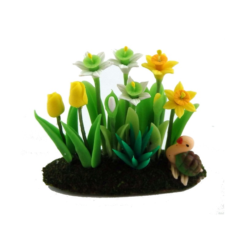Dolls House Daffodils Tulips Flowers in Ground Grass Miniature Garden Accessory