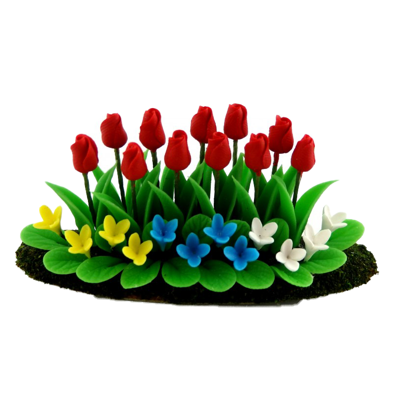 Dolls House Red Tulips Flowers in Ground Grass Miniature 1:12 Garden Accessory 