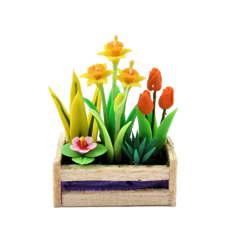 Dolls House Spring Flowers in Box Planter Daffs Tulips 1:12 Garden Accessory