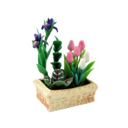 Dolls House Spring Flowers in Planter Pink White Tulips & Iris Garden Accessory