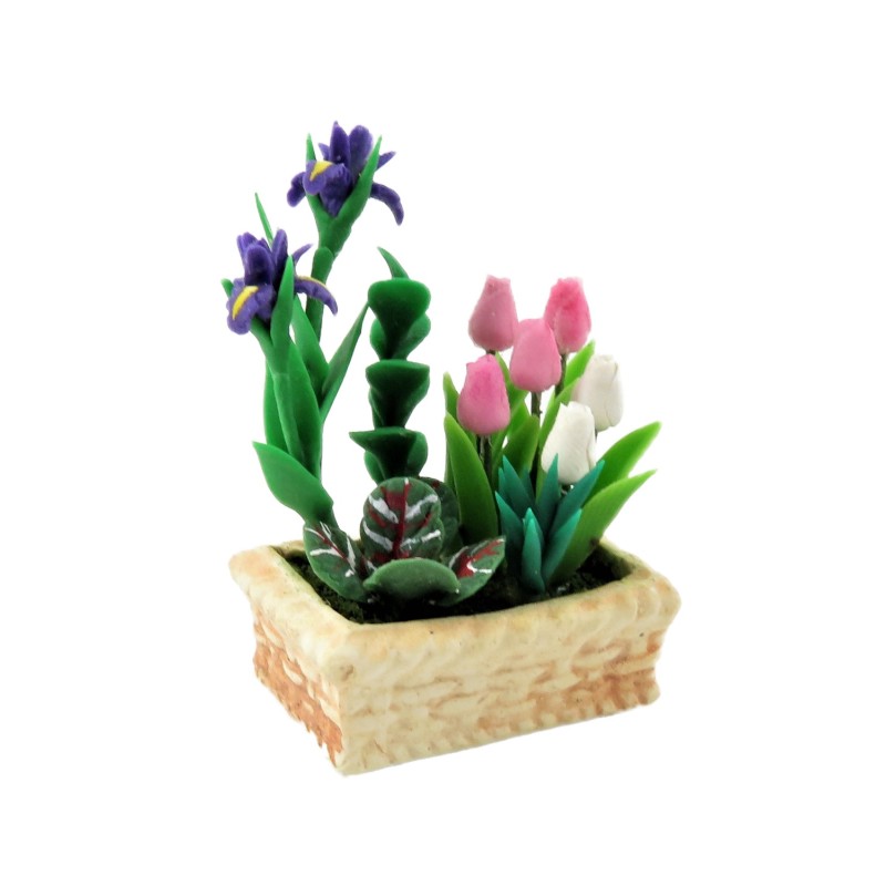 Dolls House Spring Flowers in Planter Pink White Tulips & Iris Garden Accessory