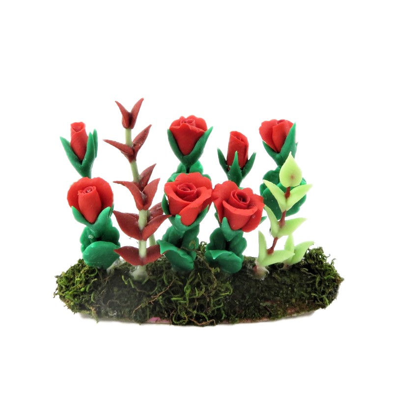 Dolls House Red Roses Flowers in Ground Soil Grass Miniature Garden Accessory