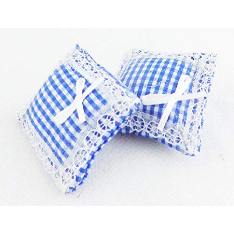 Dolls House Lace trimmed Blue Gingham Cushions Miniature 1:12 Scale Accessory 