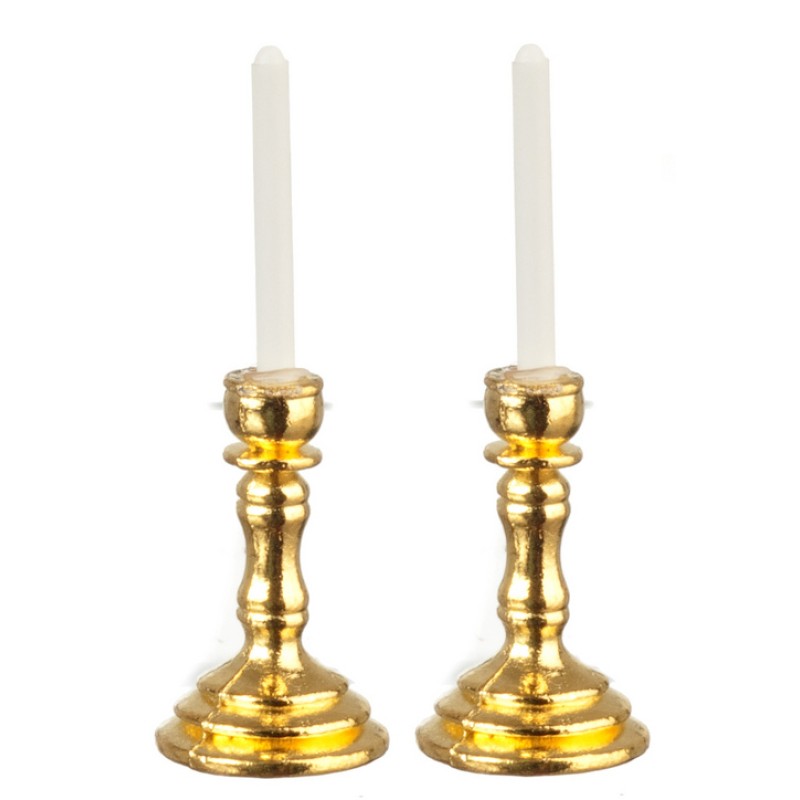 Dolls House Brass Candlesticks With Candles 1:12 Miniature Accessory
