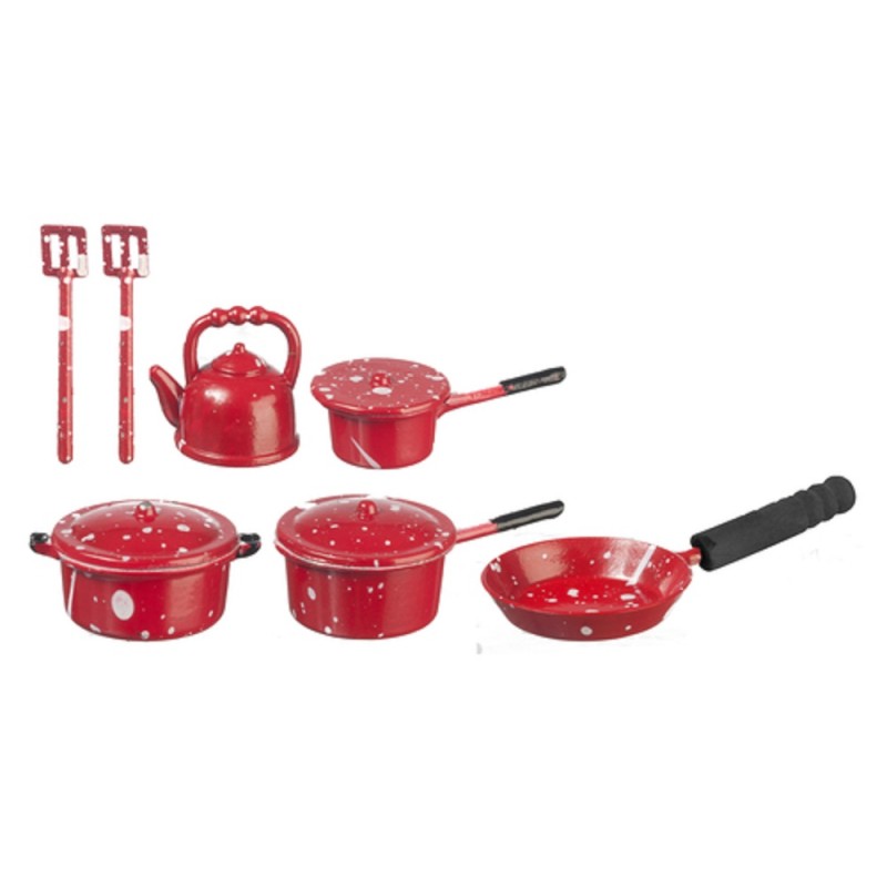 Dolls House Red Spot Saucepan Pan Set & Kettle Kitchen Accessory 