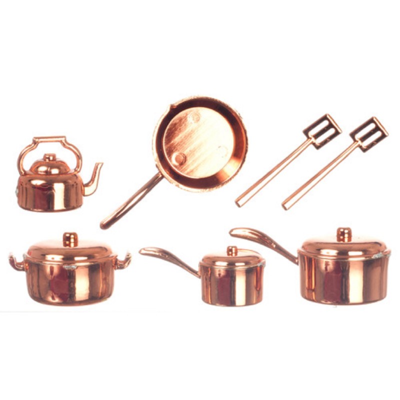 Dolls House Miniature Kitchen Accessory Plastic Copper 7 Piece Saucepan Pan Set