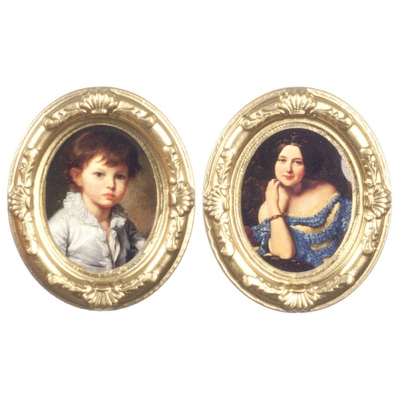 Dolls House 2 Victorian Portrait Pictures in Gold Oval Frames 1:12