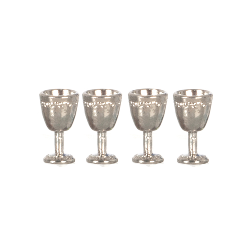 Dolls House 4 Silver Goblet Wine Glasses Miniature Dining Room Pub Bar Accessory