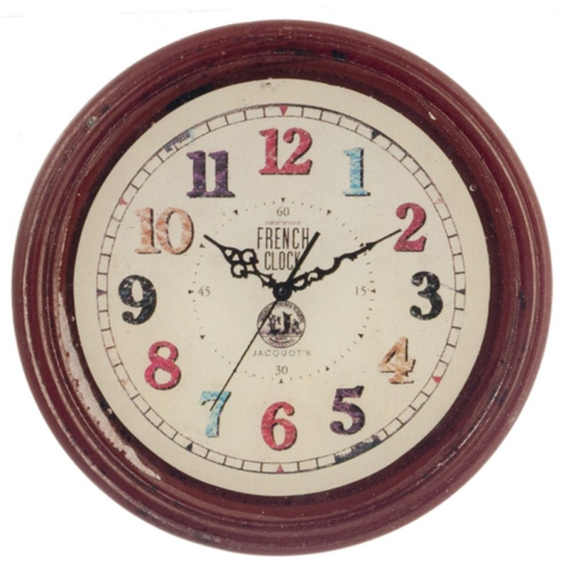 Dolls House French Wall Clock Round Wooden Coloured Numerals Miniature Accessory