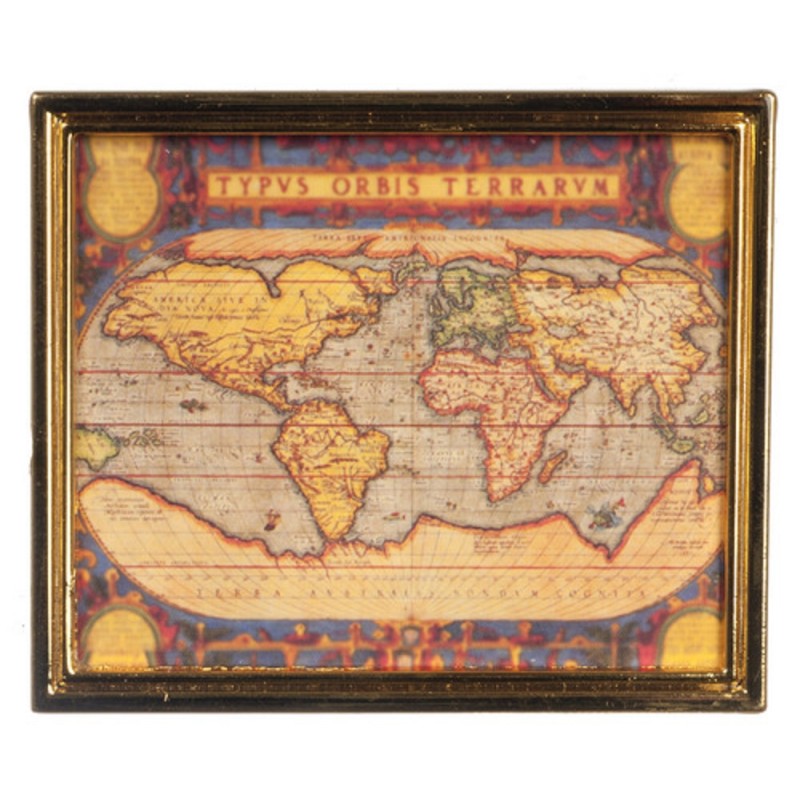 Dolls House Ancient Map in Gold Metal Frame Study Office School Accessory