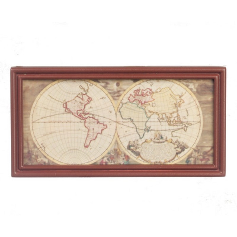 Dolls House Ancient Map in Walnut Wood Frame Study Office School Accessory