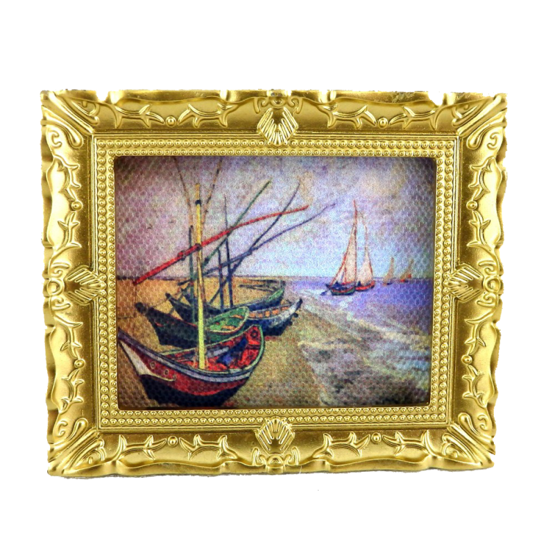 Dolls House Miniature Van Gogh Fishing Boats Picture Painting in Gold Frame