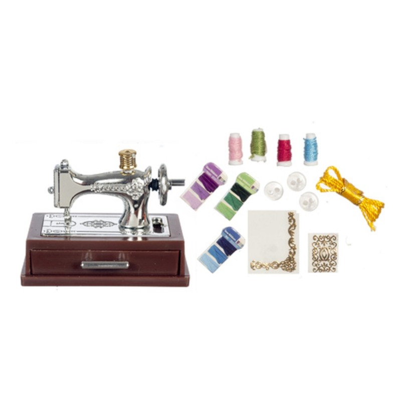 Dolls House Silver Sewing Machine Mounted with Drawer & Accessory Set