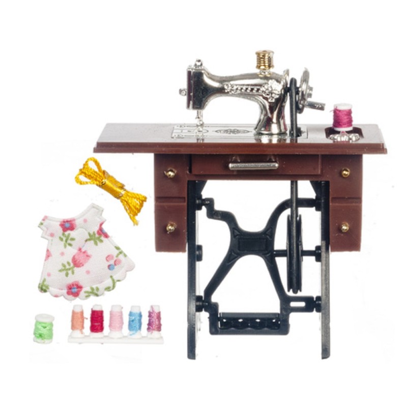 Dolls House Silver Treadle Sewing Machine with Accessory Set Minaiture 1:12