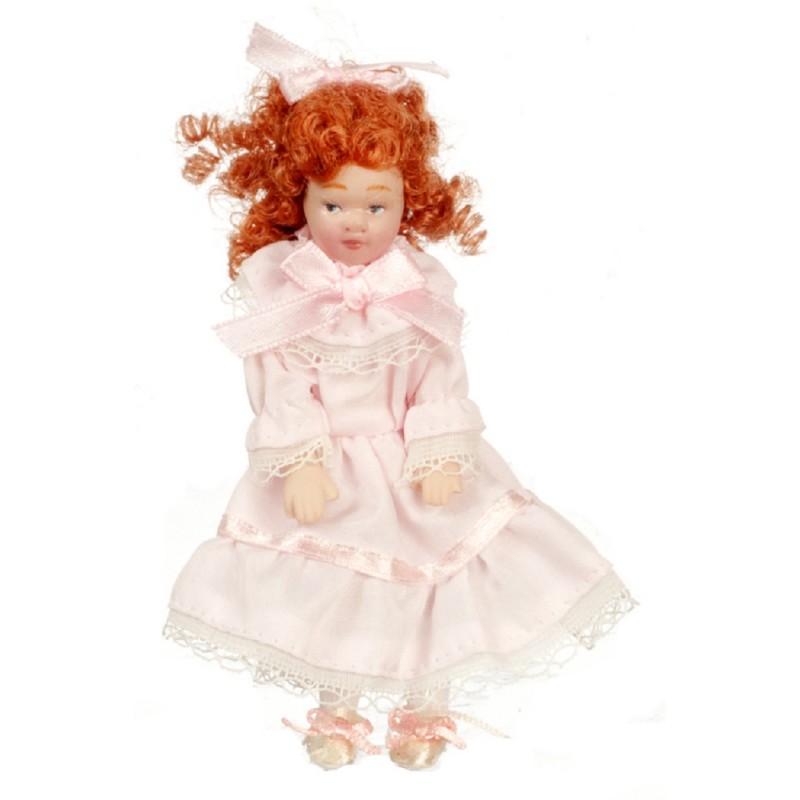 Dolls House Victorian Little Girl with Ringlets in Pink Dress Porcelain People