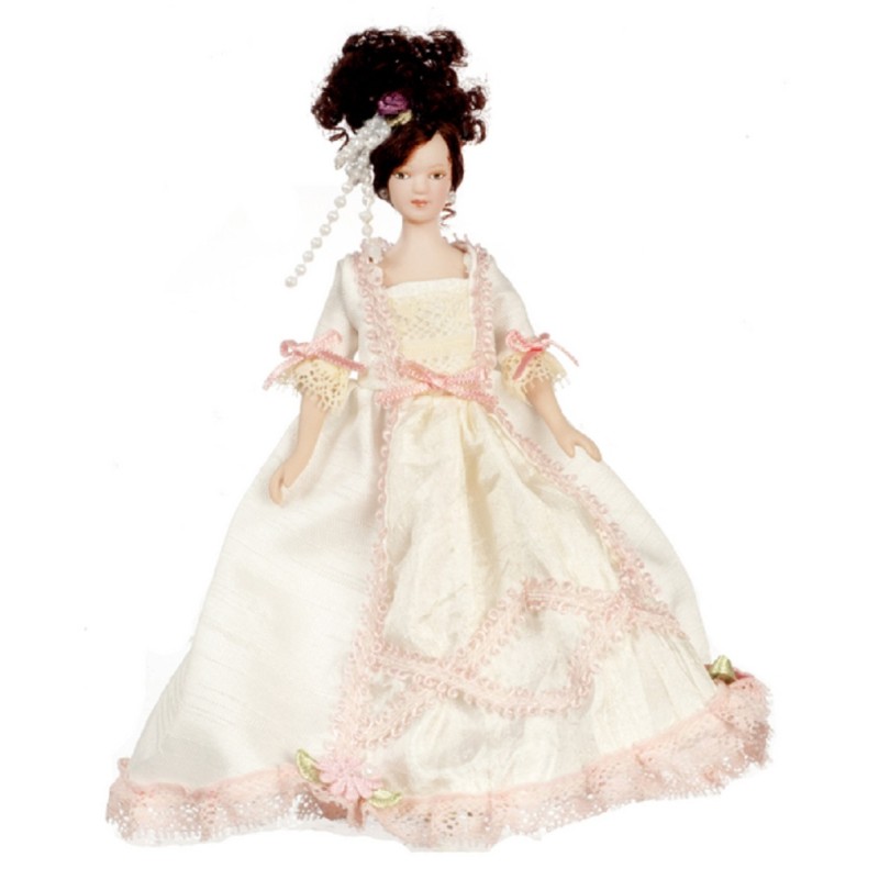 Dolls House Miniature 1:12 People Porcelain Victorian Lady in Cream Pink Gown