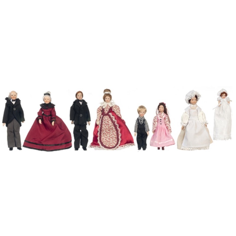 Dolls House Victorian Family of 8 People Miniature 1:12 Porcelain Figures