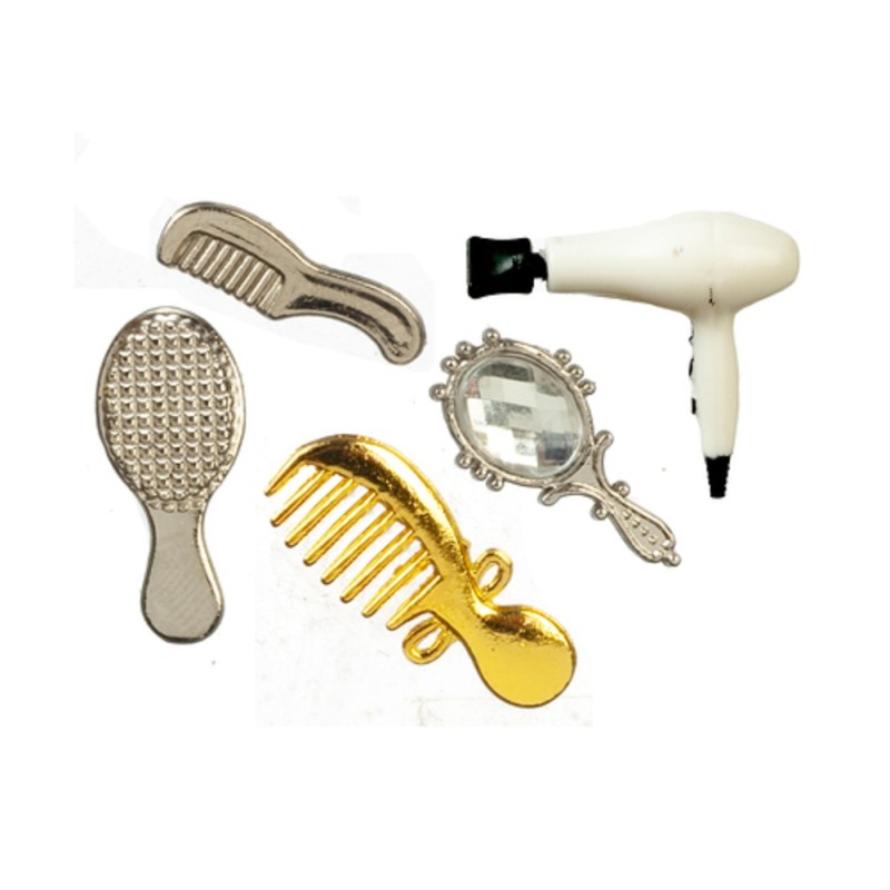 Dolls House Hair Dryer Brush Combs & Mirror Bedroom Vanity Accessory Set