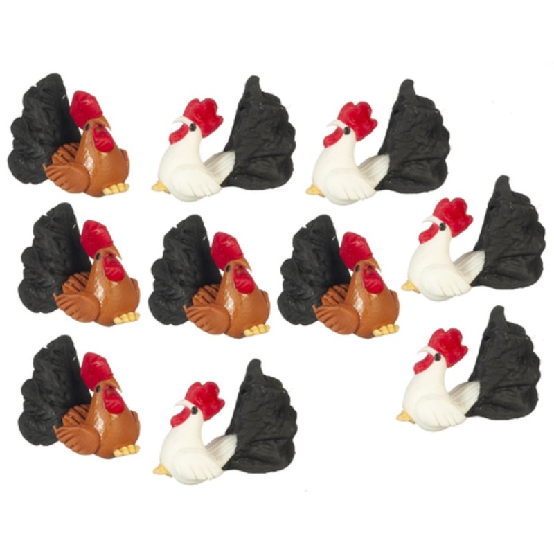 Dolls House 10 Roosters Farmyard Animal Miniature Garden Yard Accessory