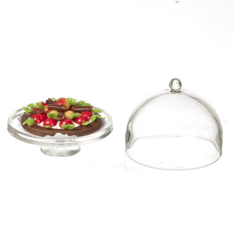 Dolls House Strawberry Tart on Cake Stand Dome Lid Miniature Dining Accessory