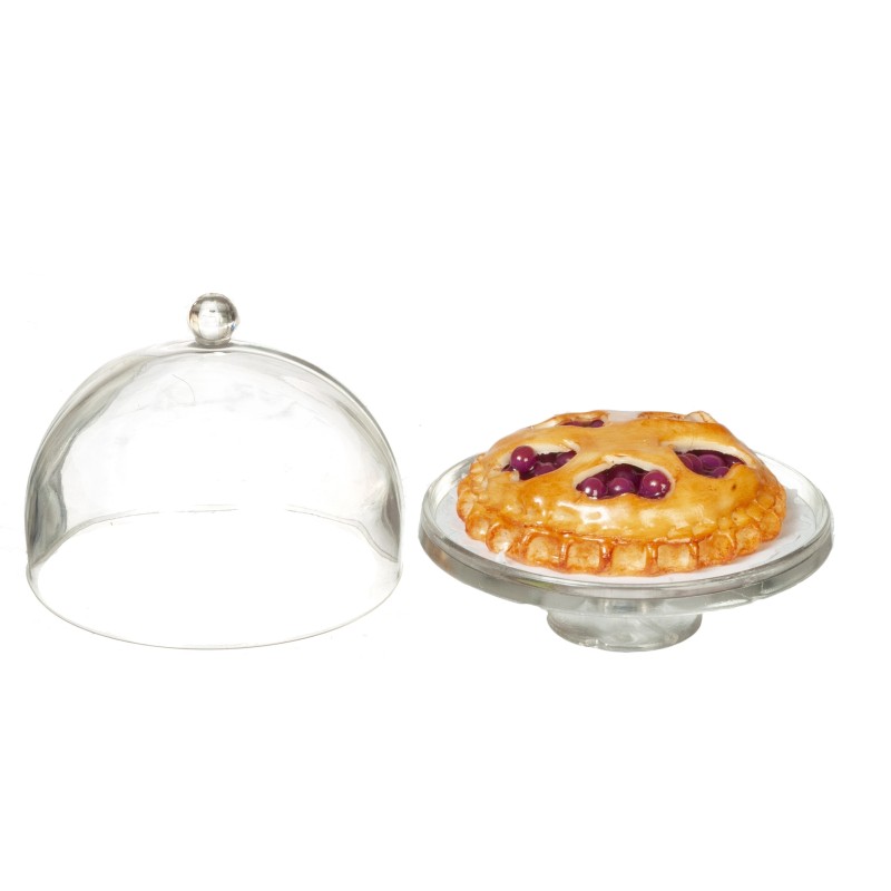 Dolls House Cherry Tart on Cake Stand with Dome Lid Miniature Dining Accessory