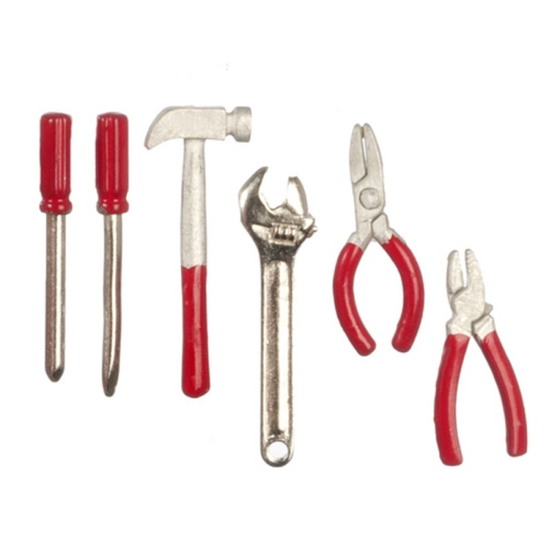 Dolls House Red 6 Piece Tool Set Miniature 1:12 Garden Shed Work Accessory