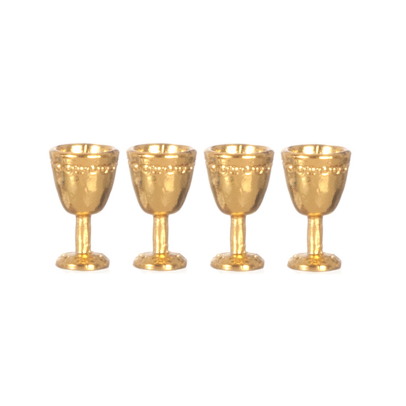 Dolls House 4 Gold Goblet Wine Glasses Miniature Dining Room Pub Bar Accessory