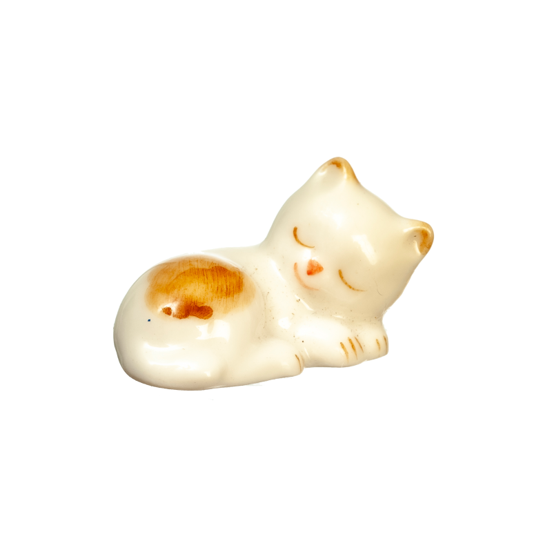 Dolls House White & Brown Ceramic Sleeping Cat Miniature Pet Accessory 1:12