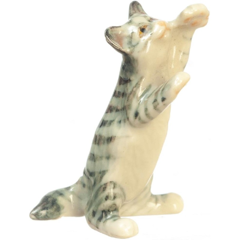 Dolls House Grey Jumping Tabby Cat Ceramic Miniature Pet Accessory 1:12 Scale