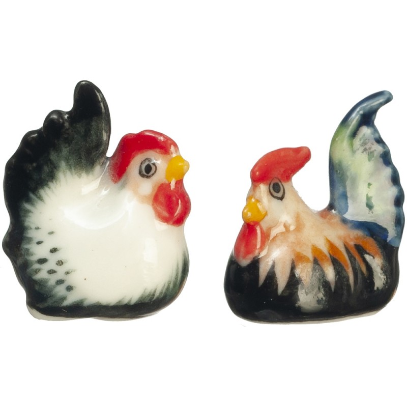Dolls House 2 Ceramic Chicken Hen Ornaments Miniature Kitchen Decor Accessory