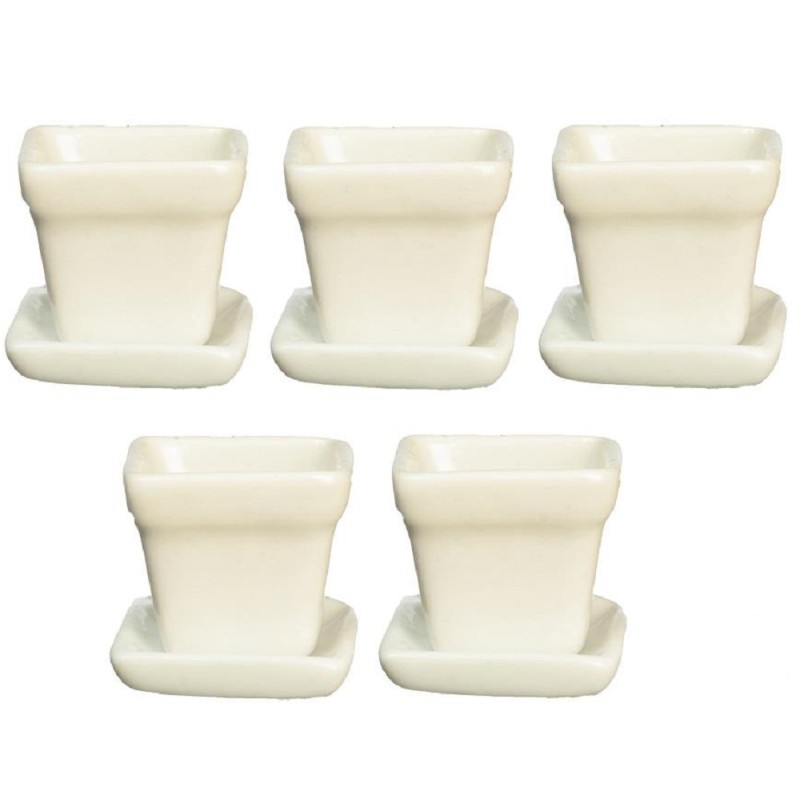 Dolls House 5 White Square Plant Pots with Saucers Miniature Garden Accessory
