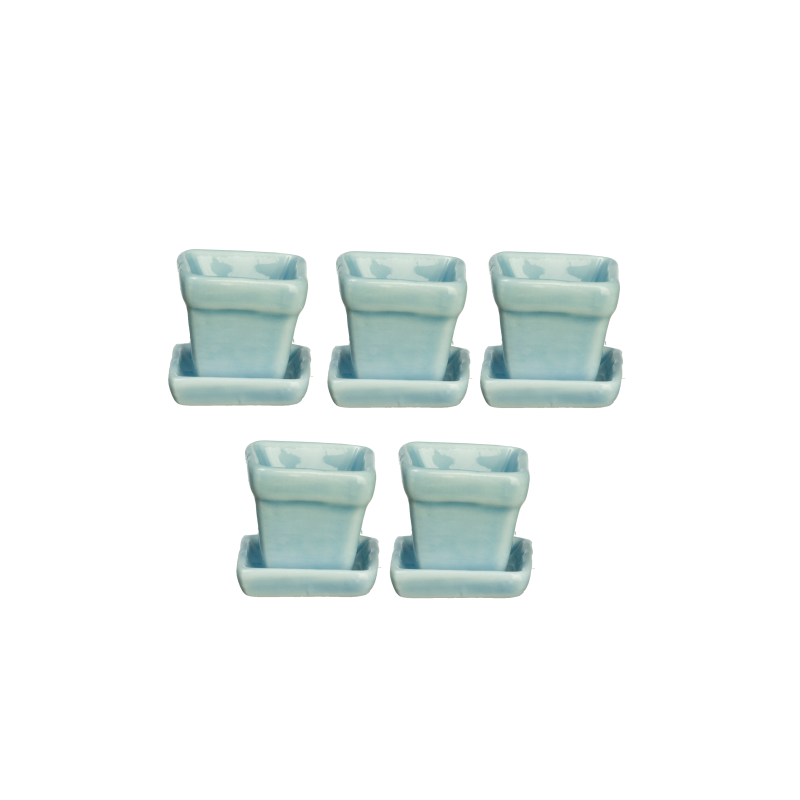 Dolls House 5 Blue Square Plant Pots with Saucers Miniature Garden Accessory