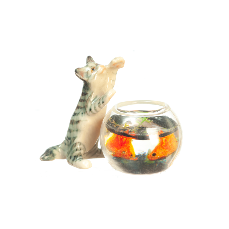 Dolls House Jumping Cat with Glass Goldfish Bowl Miniature Pet Accessory 1:12