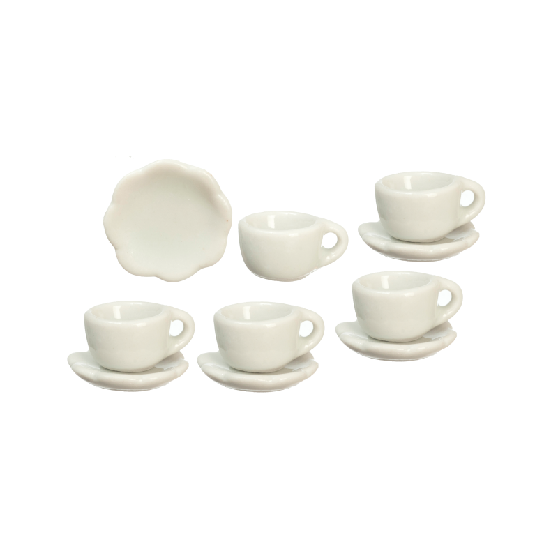 Dolls House 5 White Cups with Saucers Miniature Kitchen Cafe Dining Accessory