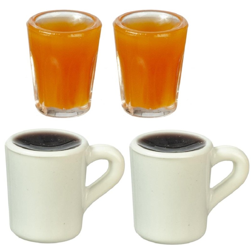 Dolls House 2 Large Coffee Mugs & 2 Orange Juice Miniature Dining Cafe Accessory