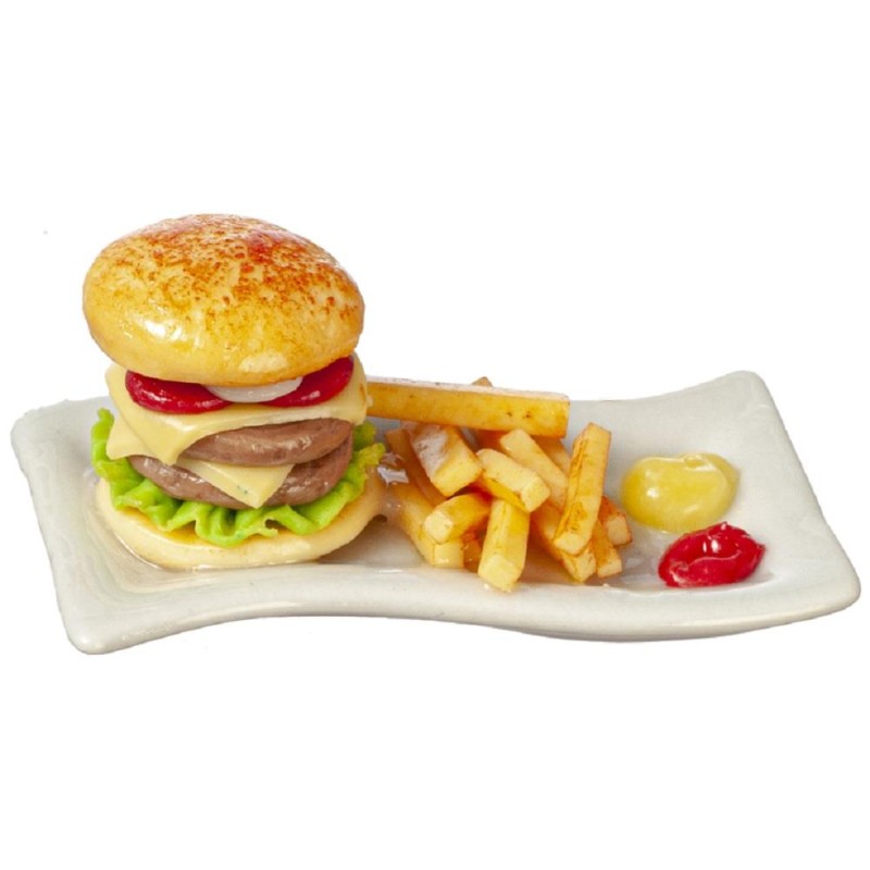 Dolls House Hamburger & Fries on a Plate Miniature Food Kitchen Dining Accessory