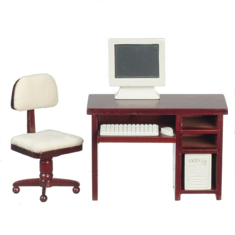 Dolls House Computer Mahogany Desk & Chair Miniature Study Office Furniture Set