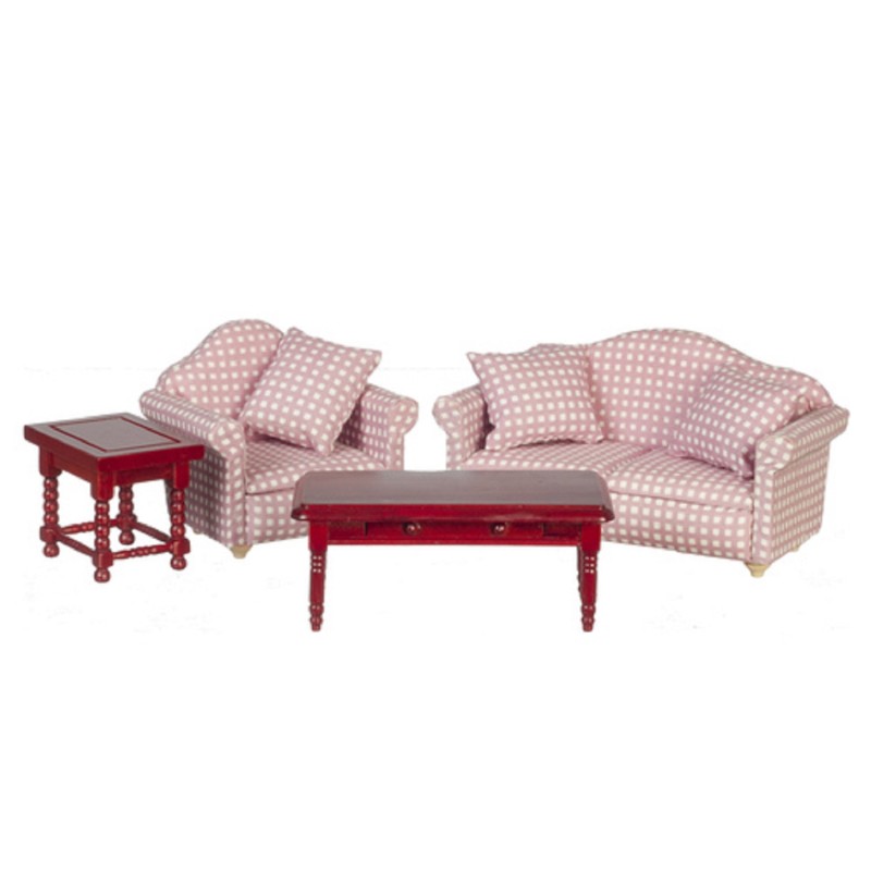 Dolls House Mahogany & Pink Modern Living Room Furniture Set 7 Piece Set