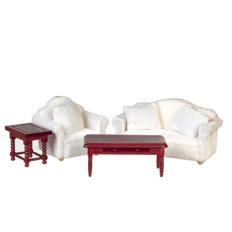 Dolls House Mahogany & White Modern Living Room Furniture Set 7 Piece Set