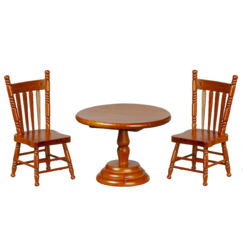 Dolls House Walnut Round Table & 2 Chairs Miniature Dining Room Furniture Set