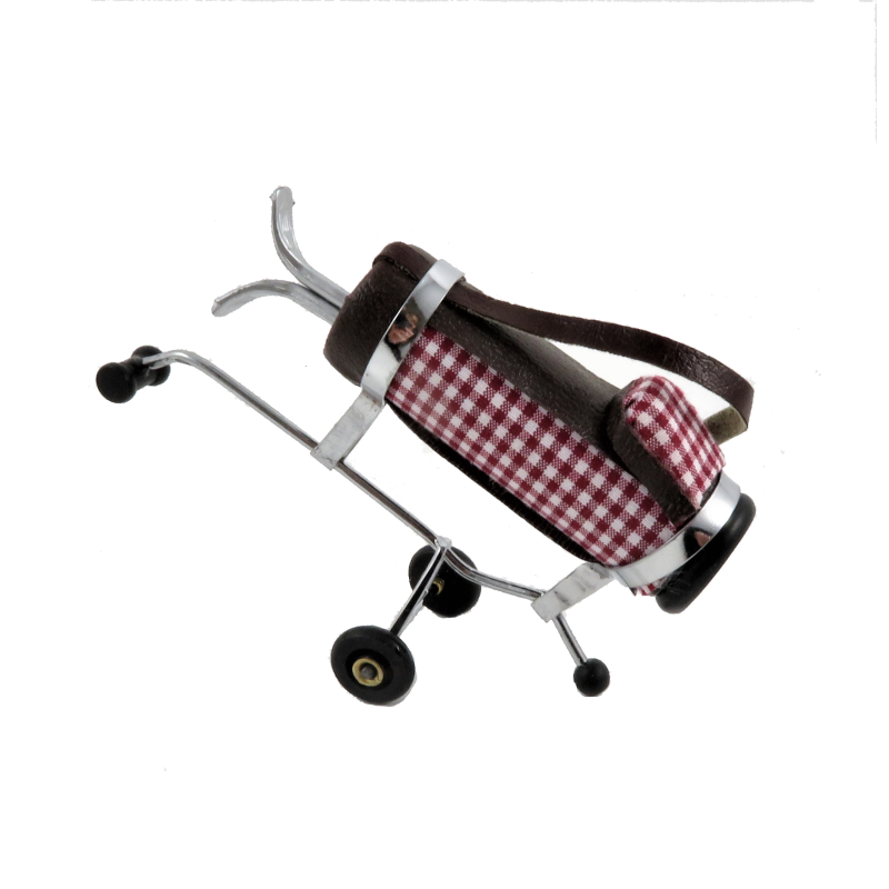 Dolls House Burgundy Golf Bag & Clubs on Wheels Miniature Outdoor Accessory 