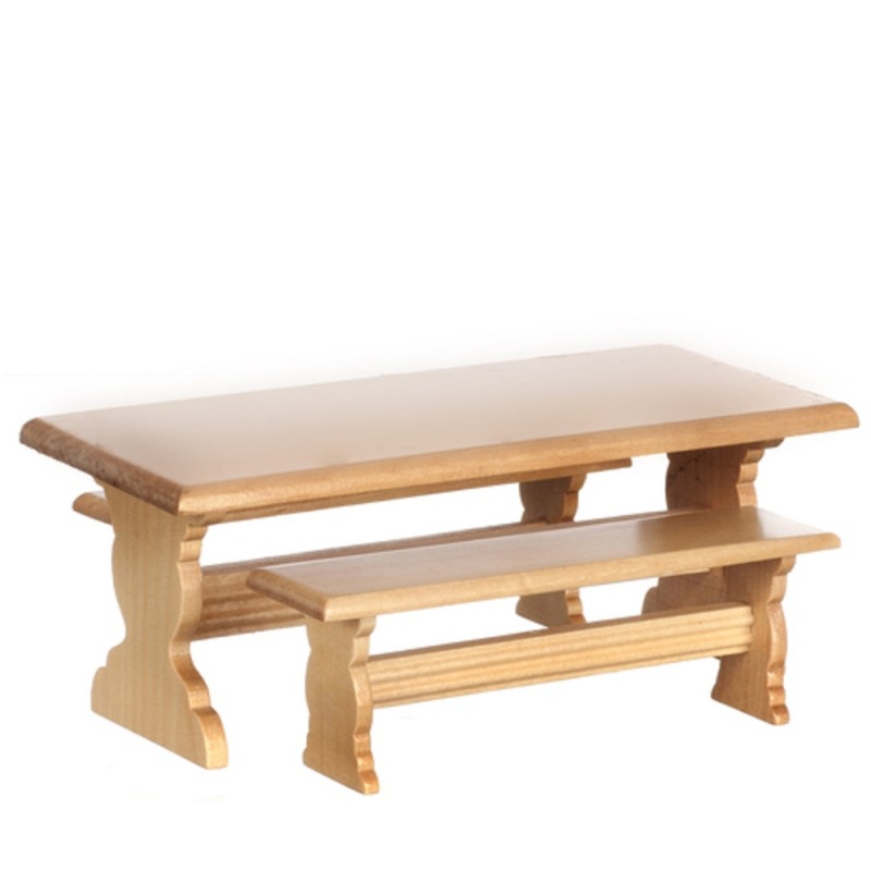 Dolls House Light Oak Trestle Table & Bench Set Miniature Dining Room Furniture Dolls House Light Oak Trestle Table & Bench Set Miniature Dining Room Furniture