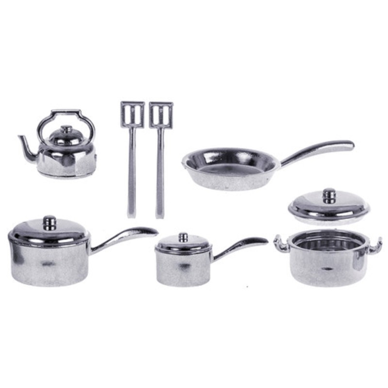 Dolls House Kitchen Accessory Chrome Saucepan Pan Set 7 Dolls House Kitchen Accessory Chrome Saucepan Pan Set 7