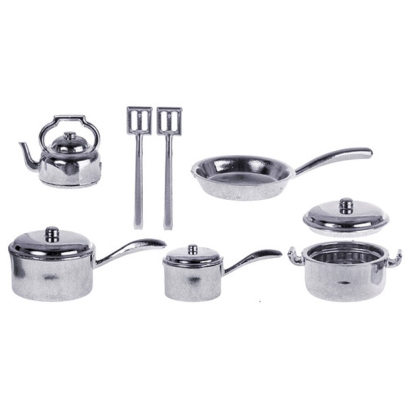 Dolls House Kitchen Accessory Chrome Saucepan Pan Set 7