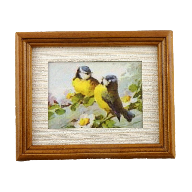 Dolls House Miniature Accessory Blue Tit Birds Picture Painting in Walnut Frame