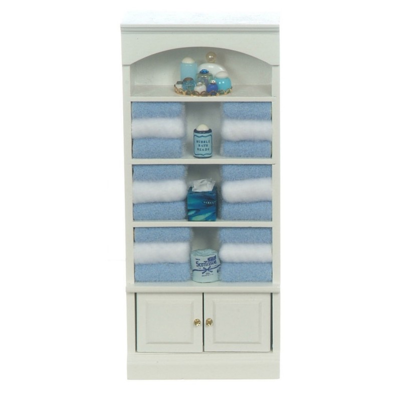 Dolls House White Shelf Unit with Blue Accessories Miniature Bathroom Furniture 