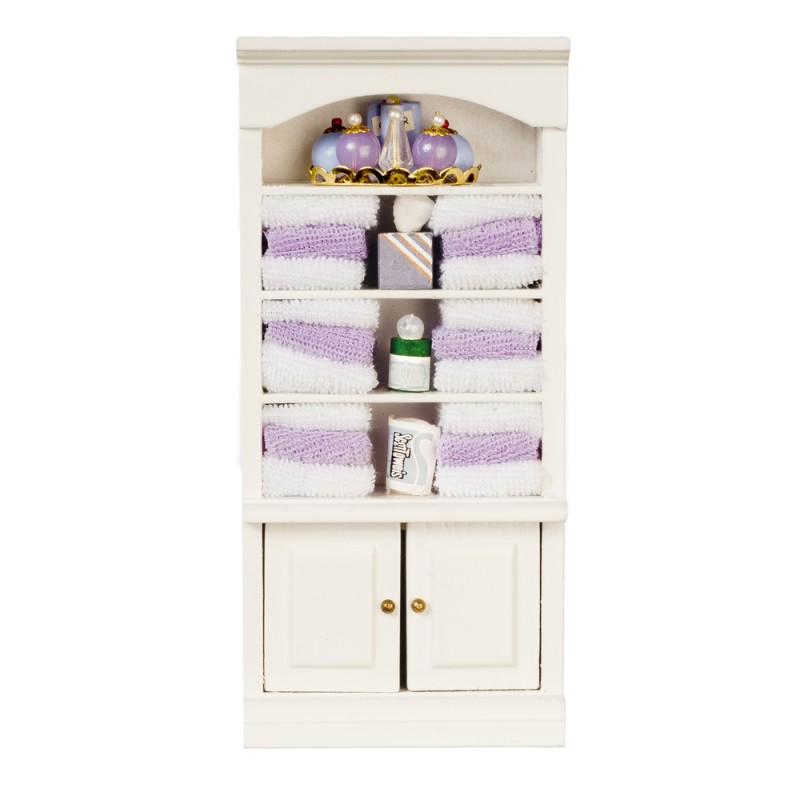 Dolls House White Shelf Unit with Lilac Accessories 1:12 Bathroom Furniture 